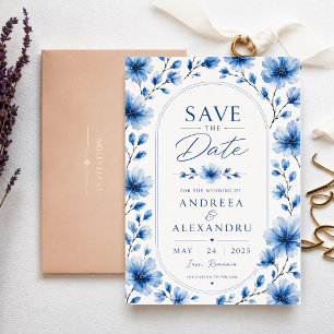 Blue Watercolor Floral Elegant Blossom Romantic Save The Date