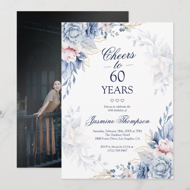 Blue Watercolor Floral Elegant Photo 60th Birthday Invitation (Front/Back)