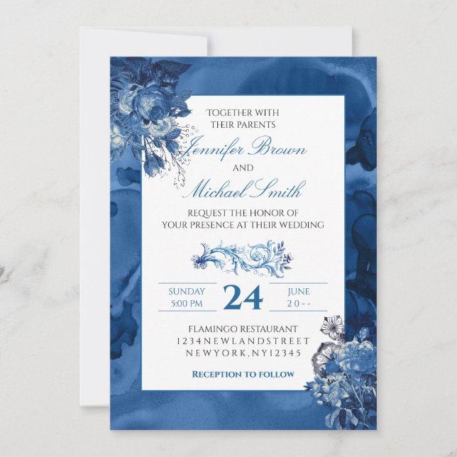 Blue Watercolor floral Elegant Wedding Invitation (Front)