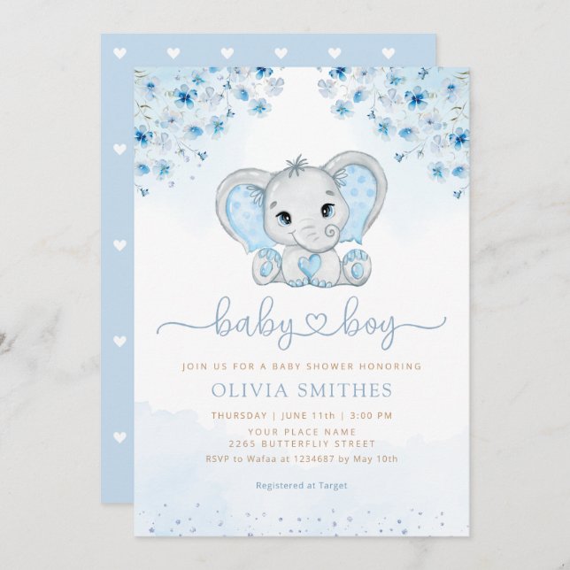 Blue Watercolor Floral Elephant Boy Baby Shower Invitation (Front/Back)