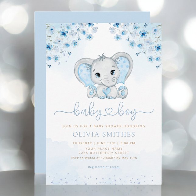 Blue Watercolor Floral Elephant Boy Baby Shower Invitation (Creator Uploaded)