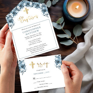 Blue Watercolor Floral   Faux Gold Boy Baptism All In One Invitation