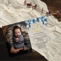 Blue Watercolor Floral Faux Gold Boy Photo Baptism