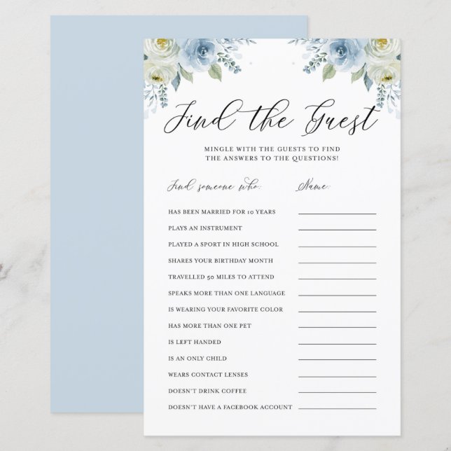 Blue Watercolor Floral Find the Guest Shower Game (Front/Back)