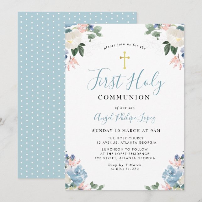 blue watercolor floral first holy communion invitation (Front/Back)