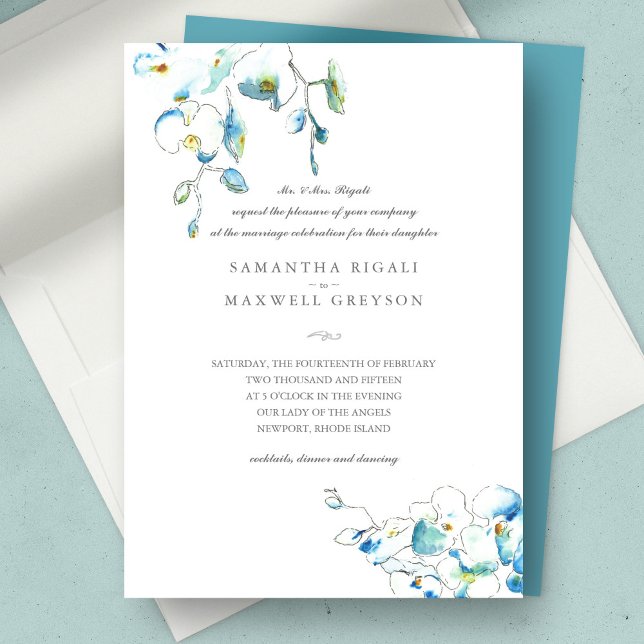 Blue Watercolor Floral Formal Wedding Invitations (wedding invitation blue floral watercolor)