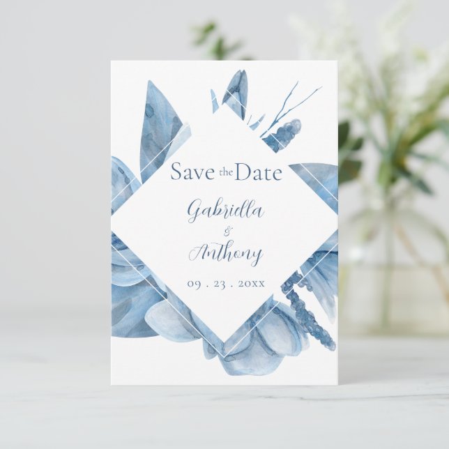 Blue Watercolor Floral Frame  Save The Date (Standing Front)