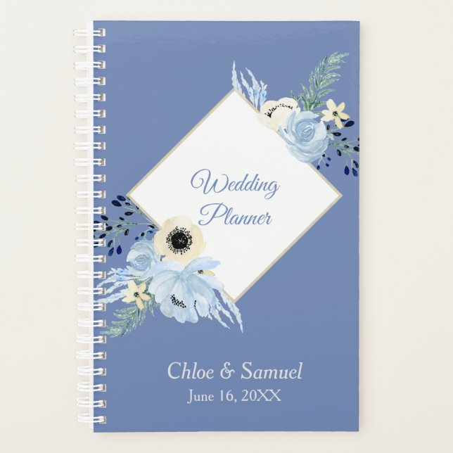 Blue Watercolor Floral Frame Wedding Planner (Front)