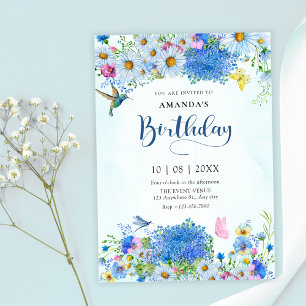 Blue watercolor floral garden birthday invitation