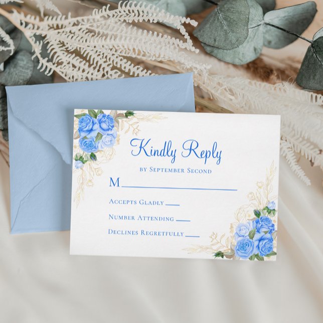 Blue Watercolor Floral Gold Wedding RSVP Card (Creator Uploaded)