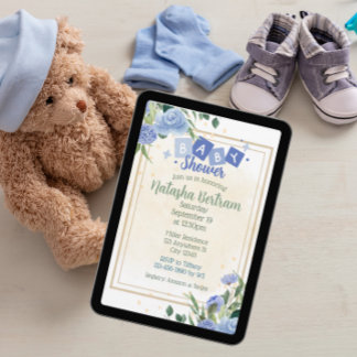 Blue Watercolor Floral Leaves Baby Shower Invitation