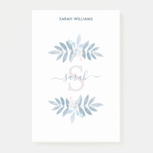 Blue Watercolor Floral Monogram Post-it Notes
