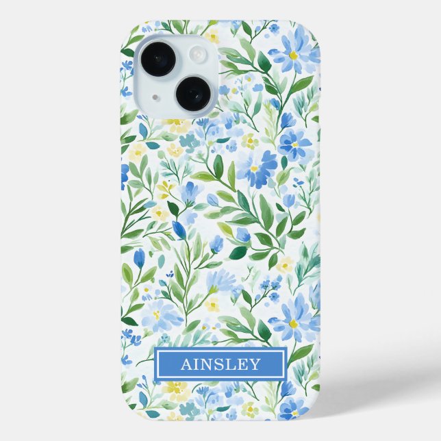 Blue Watercolor Floral Monogrammed Case-Mate iPhone Case (Back)