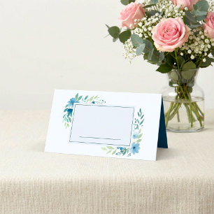 Blue Watercolor Floral Name Place Card