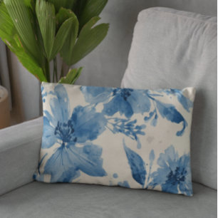 Blue Watercolor Floral Painted Botanical Whimsical Decorative Cushion