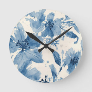 Blue Watercolor Floral Painted Botanical Whimsical Round Clock