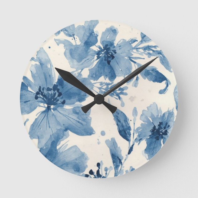Blue Watercolor Floral Painted Botanical Whimsical Round Clock (Front)