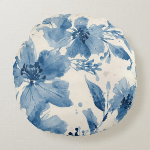 Blue Watercolor Floral Painted Botanical Whimsical Round Cushion