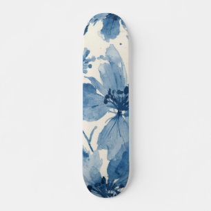 Blue Watercolor Floral Painted Botanical Whimsical Skateboard