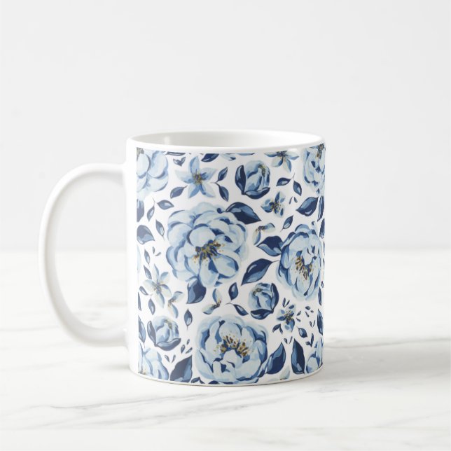Blue Watercolor Floral Pattern  Coffee Mug (Left)