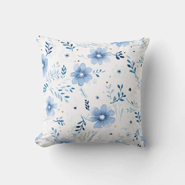 Blue Watercolor Floral Pattern Cushion (Front)