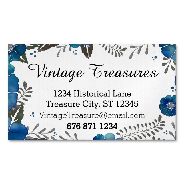 Blue Watercolor Floral Pattern Magnetic Business Card (Front)