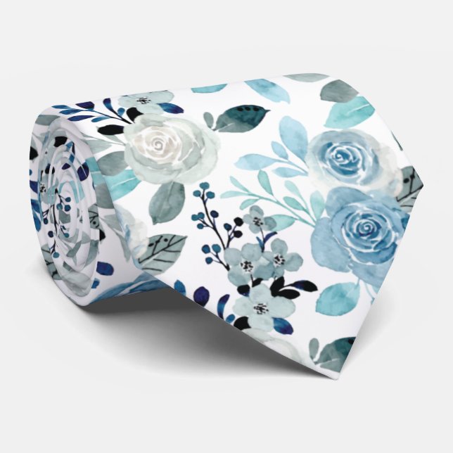 Blue Watercolor Floral Pattern on White, Wedding Tie (Rolled)