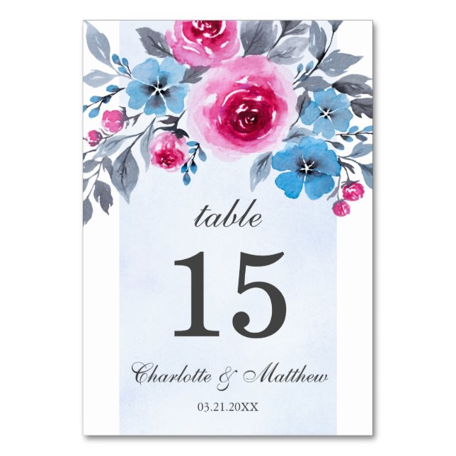 Blue Watercolor Floral Personalised Wedding Table Number (Front)