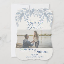 Blue Watercolor Floral Photo Save The Date Card