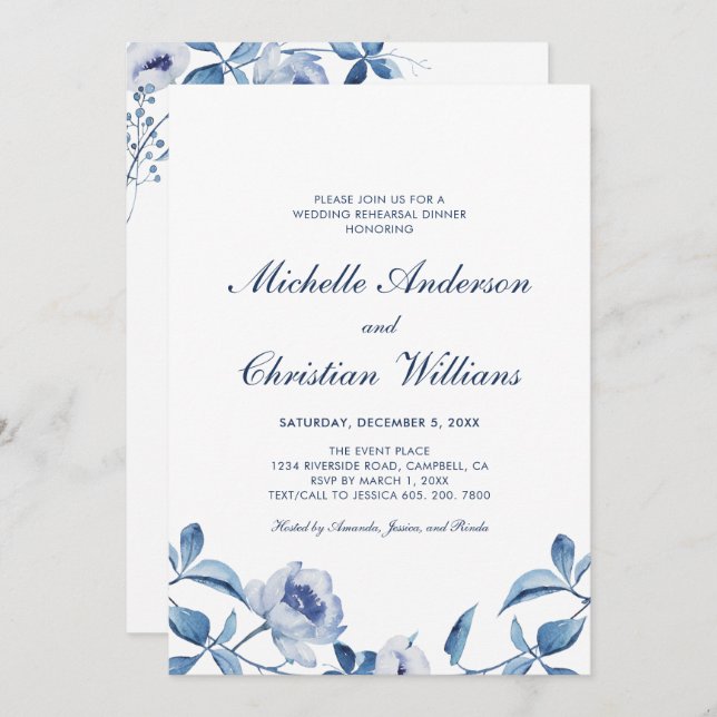 Blue Watercolor Floral Rehearsal Dinner Invitation (Front/Back)