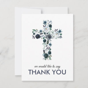 Blue Watercolor Floral Religious Cross Thank You Card