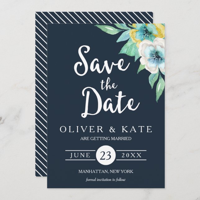 Blue Watercolor Floral Save the Date Invitation (Front/Back)