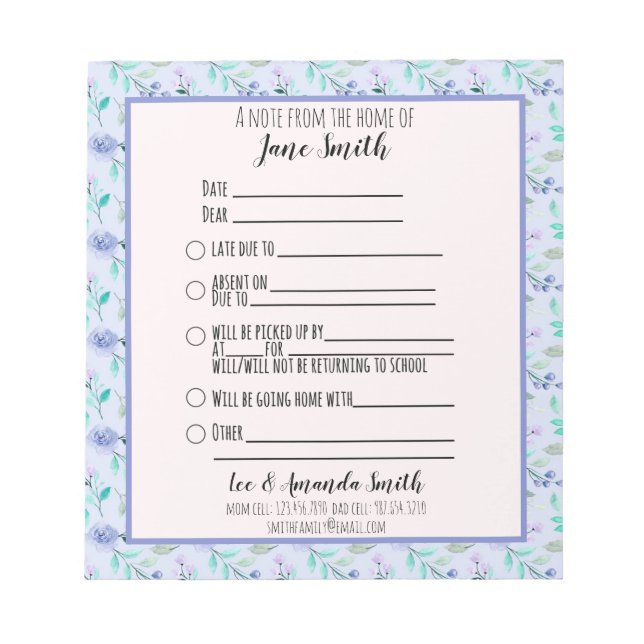 Blue Watercolor Floral School Note Excuse 1 Child (Front)