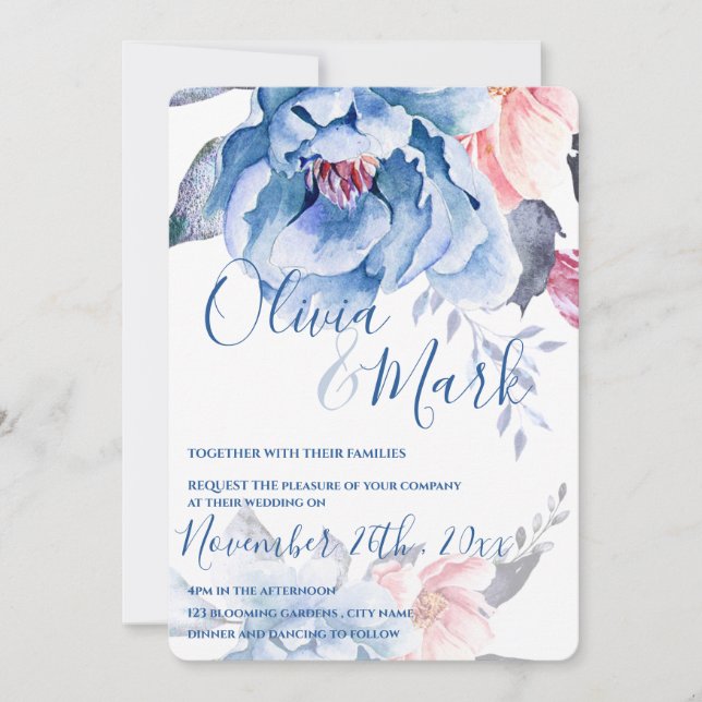 Blue Watercolor Floral Script Wedding Invitation (Front)