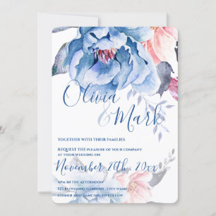 Blue Watercolor Floral Script Wedding Invitation