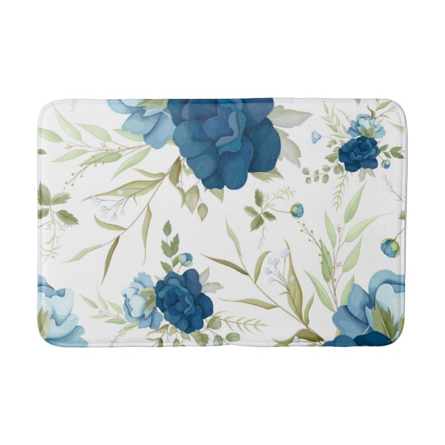 Blue Watercolor Floral Seamless Pattern Bath Mat (Front)