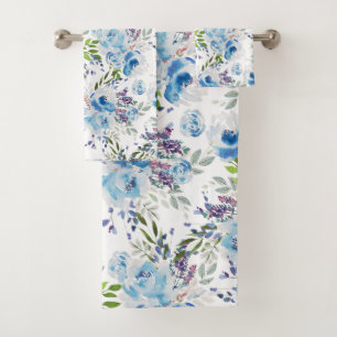 Blue Watercolor Floral Seamless Pattern Bath Towel Set