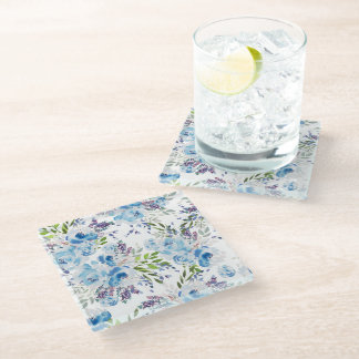 Blue Watercolor Floral Seamless Pattern Glass Coaster