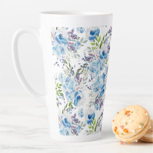 Blue Watercolor Floral Seamless Pattern Latte Mug