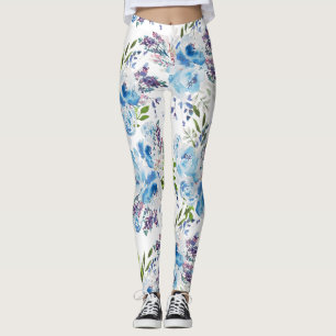 Blue Watercolor Floral Seamless Pattern Leggings