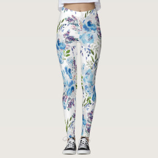 Blue Watercolor Floral Seamless Pattern Leggings