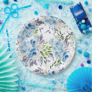 Blue Watercolor Floral Seamless Pattern Paper Plate