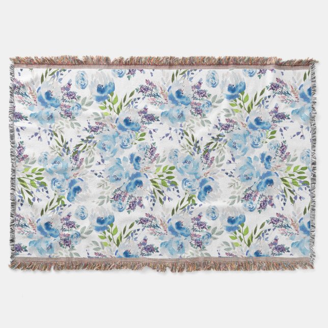 Blue Watercolor Floral Seamless Pattern Throw Blanket (Front)