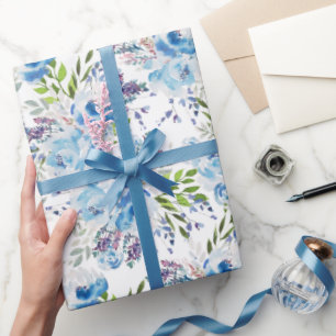 Blue Watercolor Floral Seamless Pattern Wrapping Paper