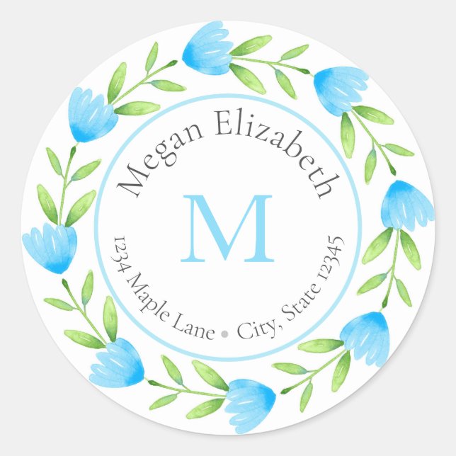 Blue Watercolor Floral Stem Wreath labels (Front)
