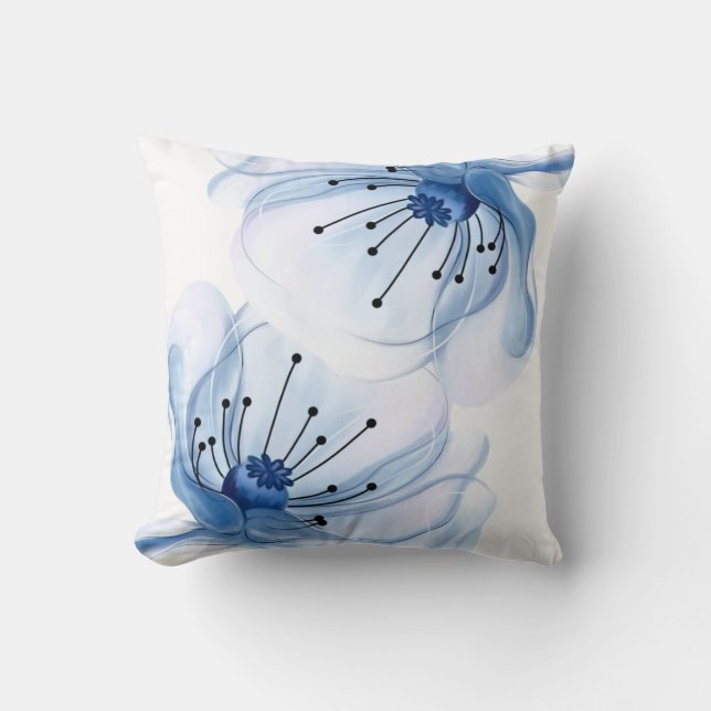  Blue Watercolor Floral Throw Pillow For Spring  (Front)
