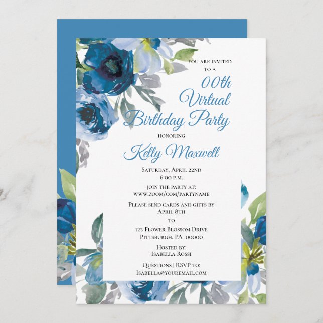 Blue Watercolor Floral  Virtual Birthday Party Invitation (Front/Back)