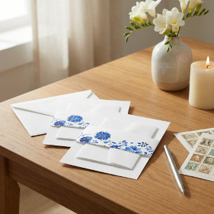 Blue Watercolor Floral Wedding Belly Band Wrap Invitation Belly Band