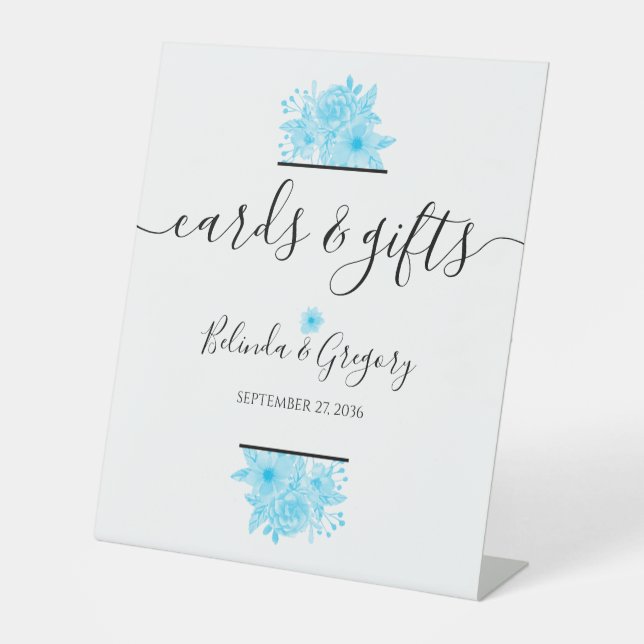 Blue Watercolor Floral Wedding Cards & Gifts  Pedestal Sign (Front)