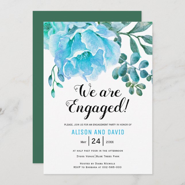 Blue watercolor floral wedding engagement party invitation (Front/Back)